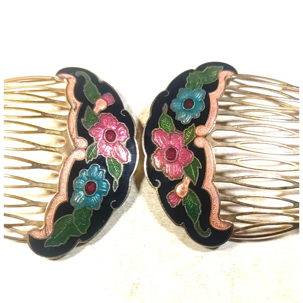Set Of 2 Hair combs Enameled Black Pink Red Green Gold Tone Classic Design